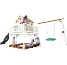 Aire de jeux avec cabane, toboggan, bac à sable et balançoire