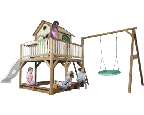 Kinderspielplatz mit Spielhaus, Rutsche, Schaukel und Sandkasten aus Holz