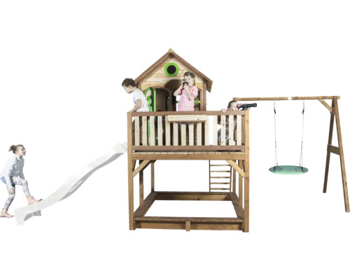 Spielturm aus Holz mit Rutsche, Schaukel und Sandkasten für Kinder