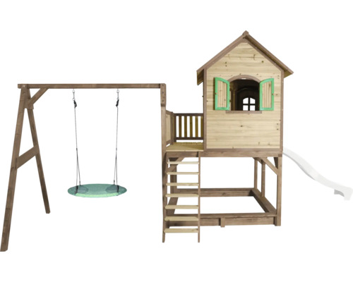 Spielturm aus Holz mit Schaukel, Rutsche und Leiter