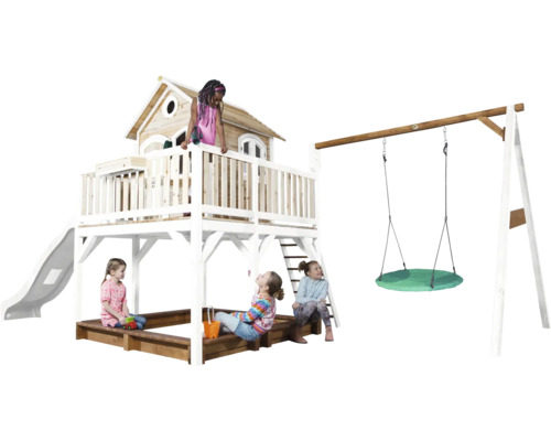 Spielanlage mit Spielhaus, Rutsche, Sandkasten und Schaukel für Kinder