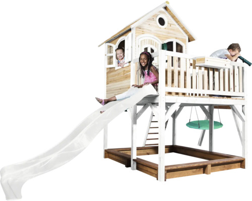 Spielhaus mit Rutsche, Schaukel und Sandkasten für Kinder