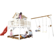 Aire de jeux avec cabane, toboggan, bac à sable et balançoire pour enfants