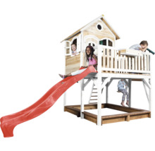 Maisonnette avec toboggan, balançoire et bac à sable