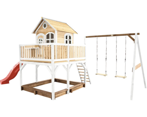 Spielhaus mit Stelzen axi Liam 613 x 277 cm Holz braun bestehend aus Schaukel, Rutsche rot