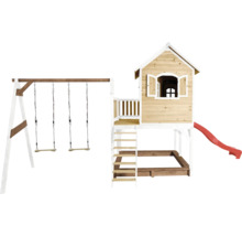 Maisonnette en bois avec balançoire, toboggan et bac à sable