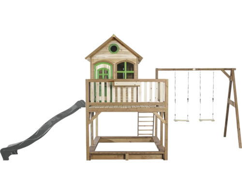 Spielturm aus Holz mit Rutsche und Schaukel
