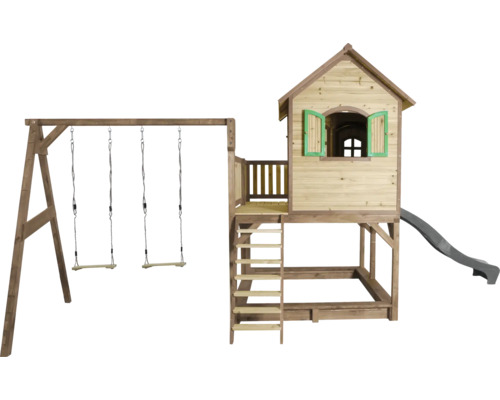 Spielplatz mit Schaukel, Spielhaus, Leiter und Rutsche aus Holz