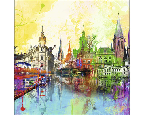 Gemälde einer Stadtansicht mit Gebäuden und Wasser