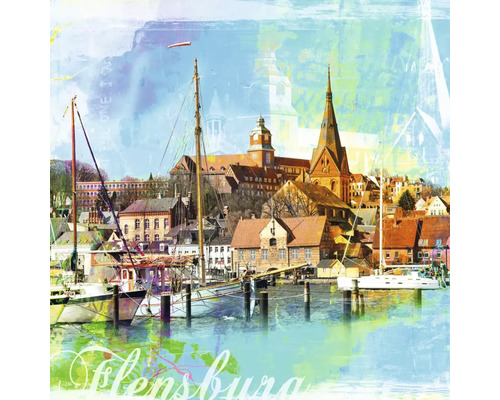 Illustration mit Blick auf Flensburg mit Gebäuden und Segelbooten