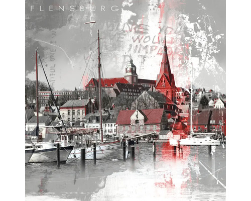 Image décorative avec vue sur le port de Flensburg avec des voiliers et des touches de rouge.