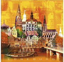 Illustration der Stadt Lüneburg mit verschiedenen Gebäuden, einem Fluss und einem Boot