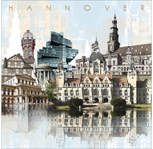 Illustration de Hanovre avec divers monuments architecturaux et leurs reflets dans l''eau.