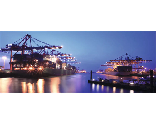 Frachtschiffe und Kräne in einem Hafen bei Nacht