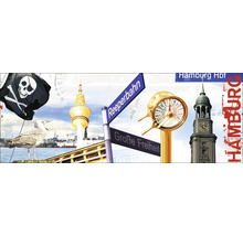 Illustration de Hambourg avec Reeperbahn, Michel, tour de télévision, drapeau pirate et mouette