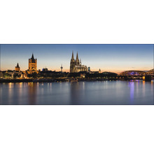 Panorama de la ligne d''horizon de Cologne avec le Rhin, Groß Sankt Martin, la cathédrale de Cologne et le pont Hohenzollern au crépuscule