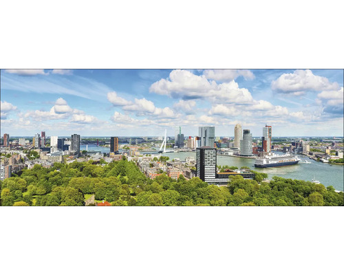 Panorama von Rotterdam mit Skyline, Brücke und Schiff