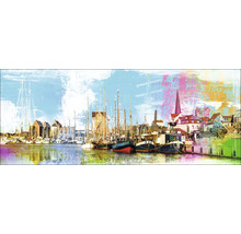 Peinture d''une ville portuaire avec des bateaux et des bâtiments