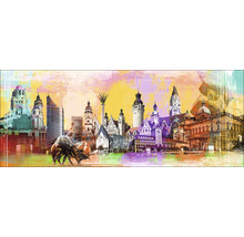 Dekoratives Wandbild mit Leipzig Skyline und kämpfenden Stieren