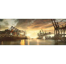 Vue du port avec porte-conteneurs et grues au coucher du soleil