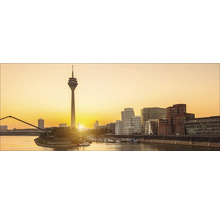 Panorama de Düsseldorf avec tour de télévision, pont et bâtiments au lever du soleil