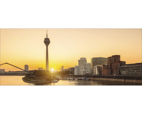 Panorama de Düsseldorf avec tour de télévision, pont et bâtiments au lever du soleil