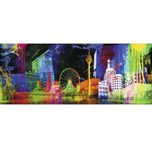 Peinture représentant un paysage urbain, avec des monuments et des éléments urbains