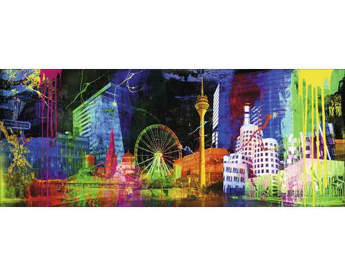 Peinture représentant un paysage urbain, avec des monuments et des éléments urbains