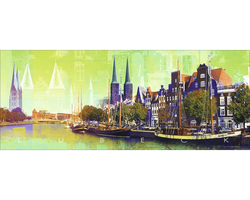 Dekoratives Wandbild mit einem Motiv von Lübeck, das architektonische Elemente und Segelboote zeigt
