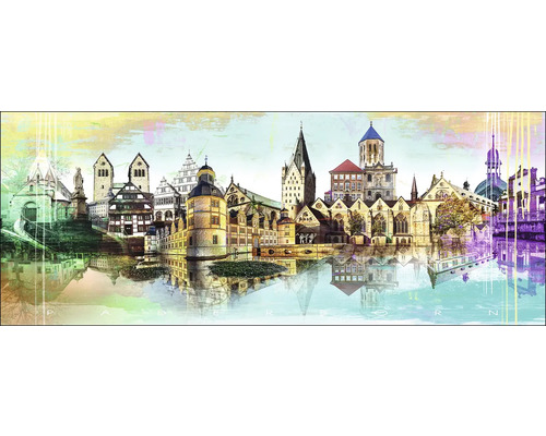 Illustration de la ville de Paderborn avec différents bâtiments et réflexions dans l''eau