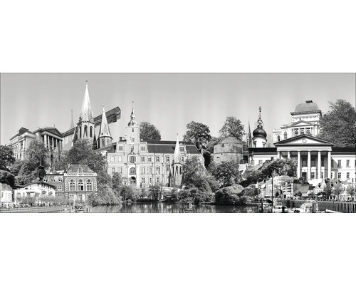 Schwarzweiße Panoramaaufnahme einer Stadtlandschaft mit verschiedenen Gebäuden und Bäumen.