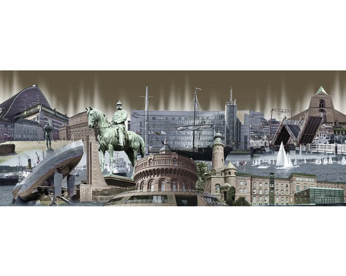 Collage mit verschiedenen Hamburger Sehenswürdigkeiten, darunter Gebäude, Denkmäler und Schiffe.