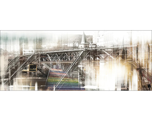 Schwebebahn mit Regenbogen Treppe vor Stadtkulisse