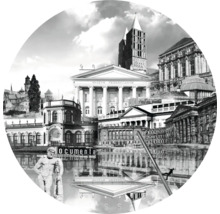 Collage en noir et blanc de différents bâtiments et monuments