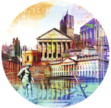 Image abstraite d''une ville avec des bâtiments historiques et une statue