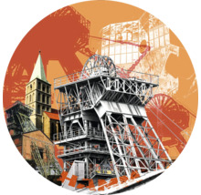 Illustration einer Förderturmanlage mit Gebäuden