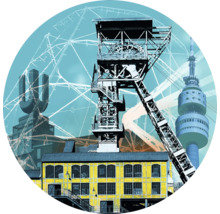 Illustration einer Stadtlandschaft mit Förderturm, Gebäude und Turm