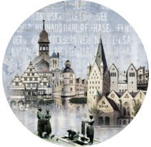 Dekoratives Wandbild mit einer Stadtdarstellung und dem Denkmal Paderborner Waschfrauen