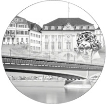 Représentation en noir et blanc d''une vue de ville avec un pont et une représentation du monument à Beethoven.