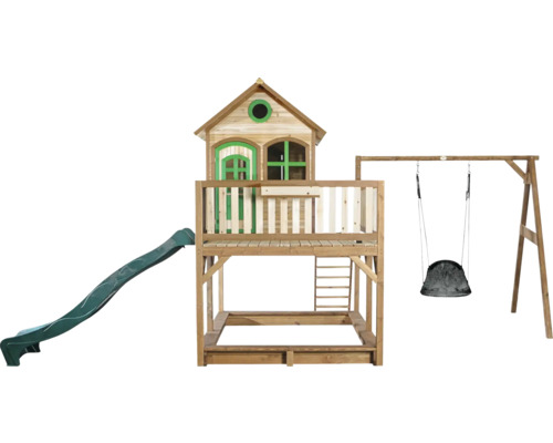 Spielturm aus Holz mit Rutsche und Schaukel für den Aussenbereich