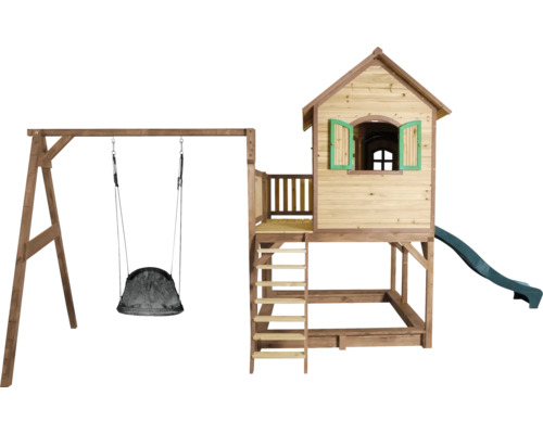 Spielturm mit Schaukel, Rutsche und Sandkasten aus Holz