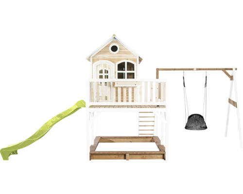 Holzspielhaus mit Rutsche, Schaukel und Sandkasten