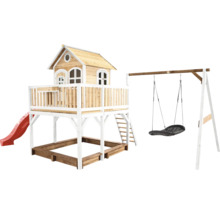 Cabane de jeux avec toboggan, balançoire et bac à sable en bois