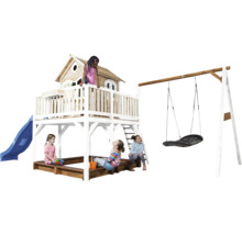 Aire de jeux avec cabane, balançoire et bac à sable pour enfants