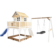 Maisonnette avec toboggan, balançoire et bac à sable