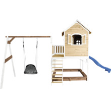 Aire de jeux en bois avec balançoire, cabane et toboggan