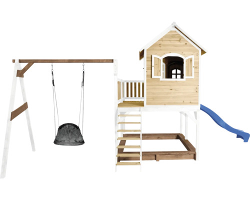Aire de jeux en bois avec balançoire, cabane et toboggan