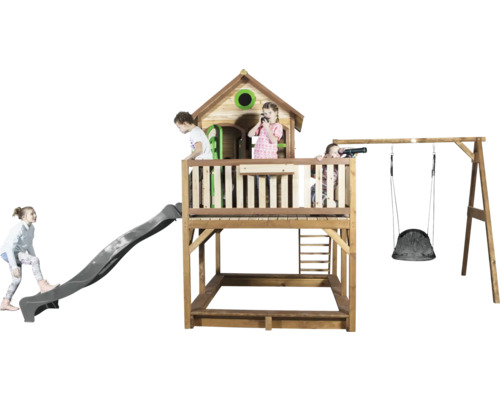 Spielturm mit Rutsche und Schaukel für Kinder im Garten