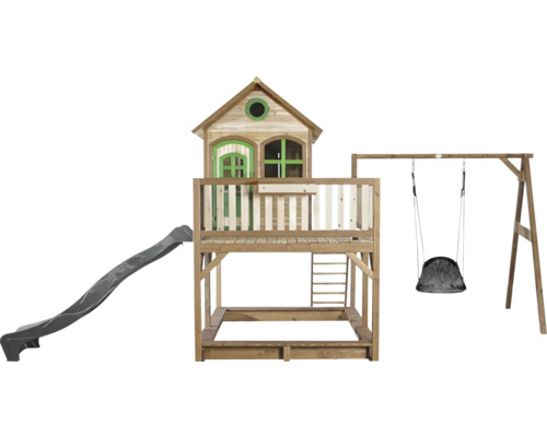 Spielturm aus Holz mit Rutsche und Schaukel