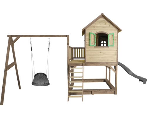 Spieltum mit Schaukel, Rutsche und Sandkasten aus Holz